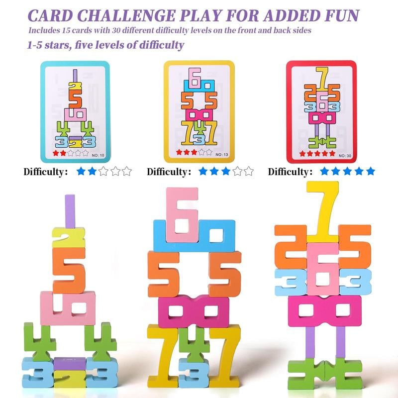 Magic Numbers Wooden Stacking Blocks - Montessori Learning Toy for Kids Ages 3+