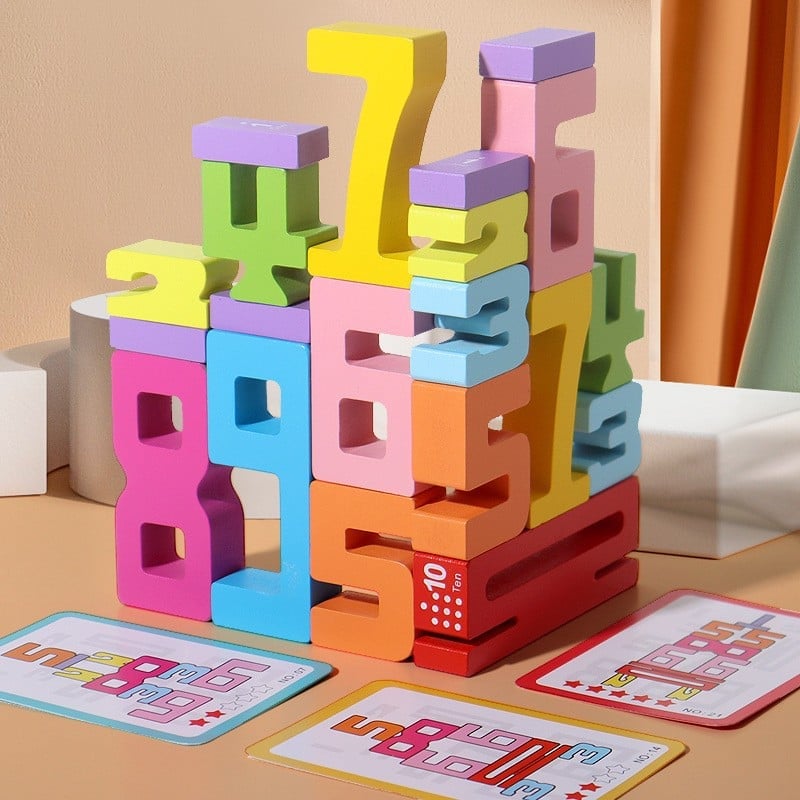 Magic Numbers Wooden Stacking Blocks - Montessori Learning Toy for Kids Ages 3+